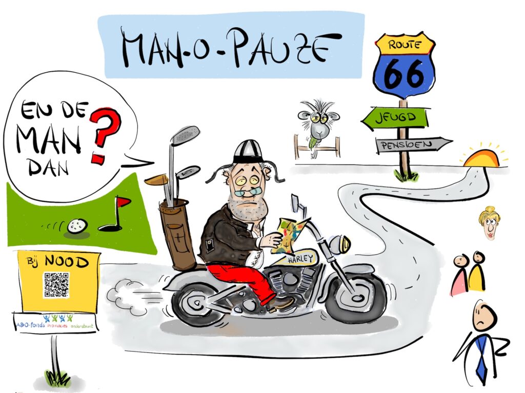 Cartoon over de overgang met de naam “Man-o-Pauze”. De praatplaat heeft twee zijden: voorzijde (beleving van de man) en achterzijde (reacties van de omgeving).