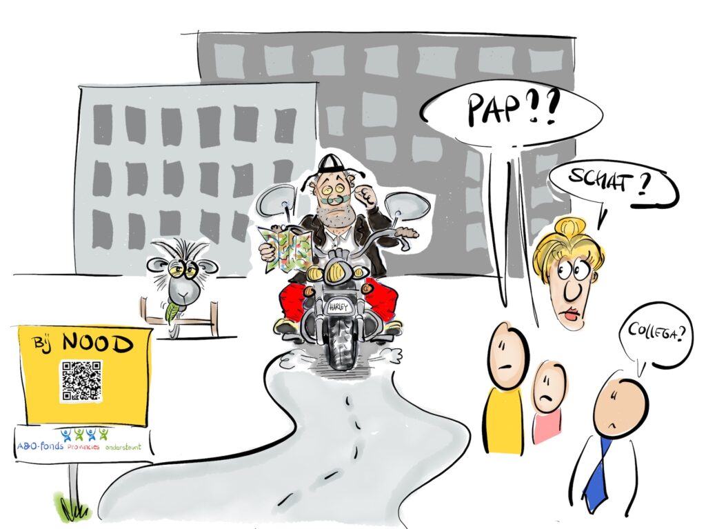 Cartoon over de overgang met de naam “Man-o-Pauze”. De praatplaat heeft twee zijden: voorzijde (beleving van de man) en achterzijde (reacties van de omgeving).”